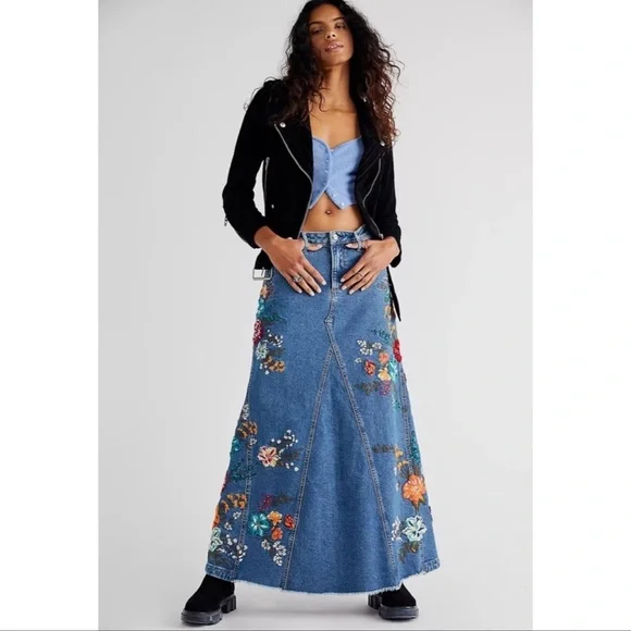 NEW Free People x Driftwood Embroidered Denim Maxi Skirt Size 29 - Picture 14 of 14